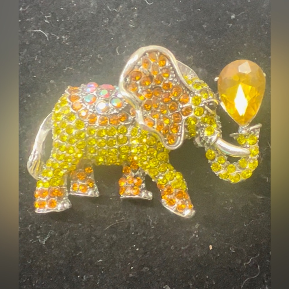 Crystal Elephant Brooch Pin - Yellow Orange Rhinestones